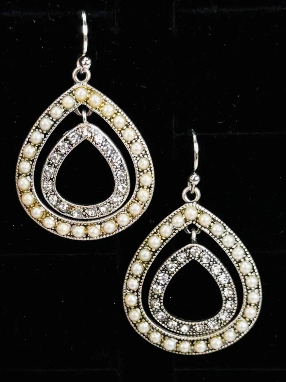 Vintage Silvertone, clear stone, faux pearl pierced earrings